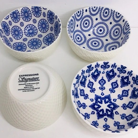 4 Signature International Shibori Tie Dye Cereal Bowls Blue White 5” - Picture 4 of 9